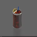 Dark Drink In Highball Glass With Lemon Slice Ice Cubes Blue Straw On Gray Background