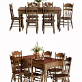 Traditional Wooden Dining Table Set With Six Chairs And Floral Centerpiece