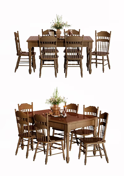 Traditional Wooden Dining Table Set With Six Chairs And Floral Centerpiece 3d model