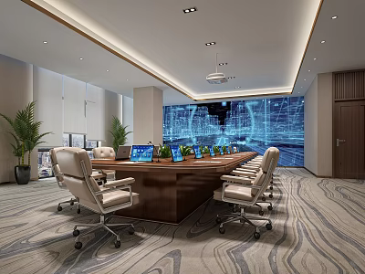 Modern Conference Room With Wooden Table Computers Large Screen And Plants 3d model