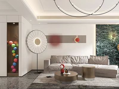 Modern Light Luxury Living Room With Cozy Fabric Sofa And Creative Unique Art Decorations 3d model