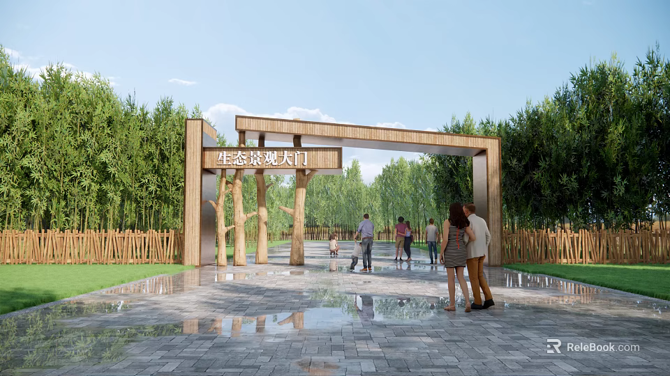 Ecological Landscape Entrance Gate With Wooden Arch Structure Green Trees And People Walking 3d model 