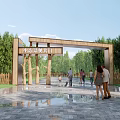Ecological Landscape Entrance Gate With Wooden Arch Structure Green Trees And People Walking