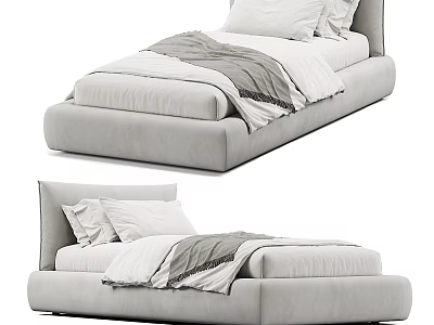 Single Bed With Modern Upholstered Headboard And Soft Bedding White Pillows Gray Blanket 3d model
