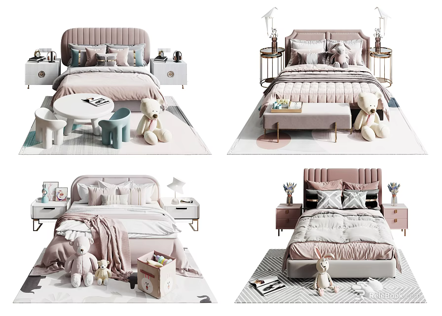 Cozy Kids Bed with Soft Upholstered Headboard Nightstand Stuffed Toys and Rug 3d model 