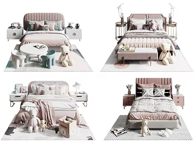 Cozy Kids Bed with Soft Upholstered Headboard Nightstand Stuffed Toys and Rug 3d model