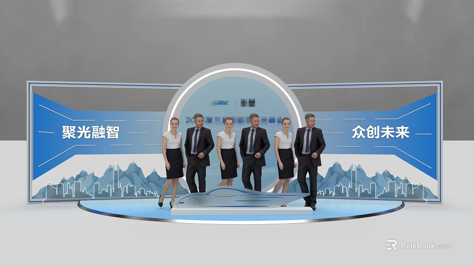 Formal Group Photo Check In Spot On Stage With Mountain City Skyline Backdrop 3d model 