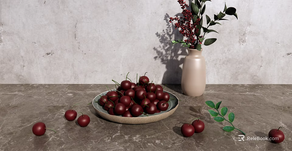 Fresh Red Cherries in Ceramic Bowl on Gray Countertop with Vase and Green Leaves 3d model 