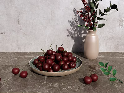 Fresh Red Cherries in Ceramic Bowl on Gray Countertop with Vase and Green Leaves 3d model