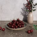 Fresh Red Cherries in Ceramic Bowl on Gray Countertop with Vase and Green Leaves