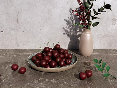 Fresh Red Cherries in Ceramic Bowl on Gray Countertop with Vase and Green Leaves 3d model