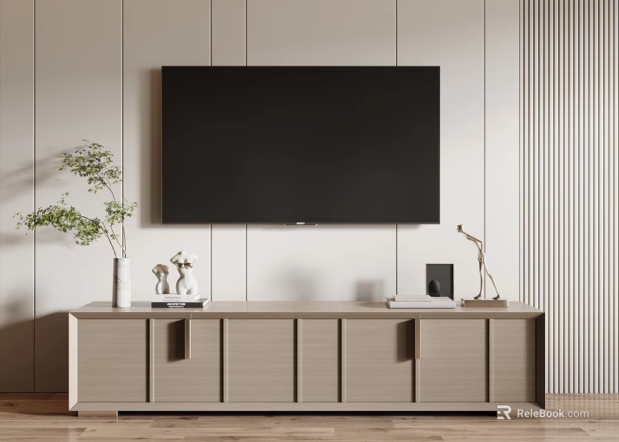 Modern Minimalist TV Stand Design With Decorative Items Plant Light Wall And Wooden Floor 3d model 