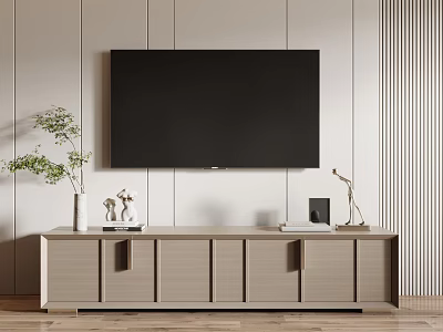 Modern Minimalist TV Stand Design With Decorative Items Plant Light Wall And Wooden Floor 3d model