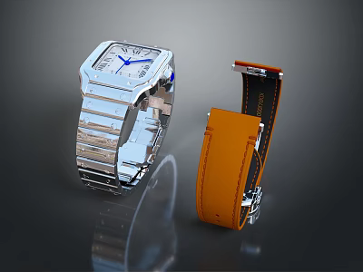 Square Silver Watch With Metal Strap And Orange Leather Strap Design 3d model