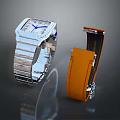 Square Silver Watch With Metal Strap And Orange Leather Strap Design 3d model