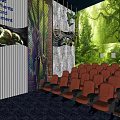 Immersive Cinema Interior With Red Seats Green Forest Background And Decorative Wall