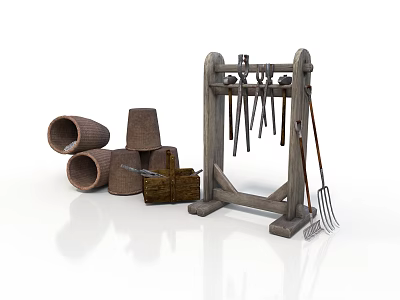 Vintage Agricultural Equipment with Wooden Tool Rack Hanging Tools Clay Pots and Crate 3d model