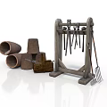 Vintage Agricultural Equipment with Wooden Tool Rack Hanging Tools Clay Pots and Crate