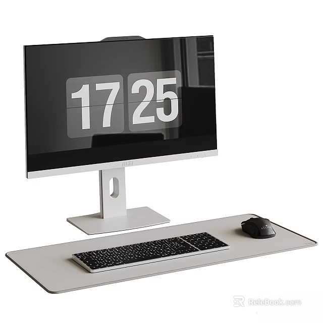 Modern Computer Monitor With Time Display Keyboard And Mouse On White Desktop 3d model 