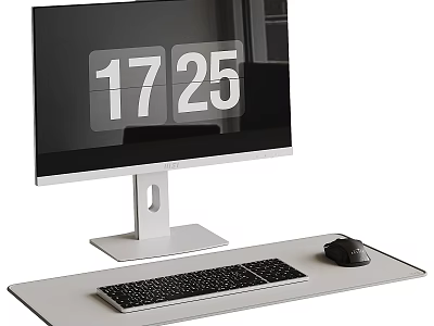 Modern Computer Monitor With Time Display Keyboard And Mouse On White Desktop 3d model