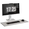 Modern Computer Monitor With Time Display Keyboard And Mouse On White Desktop