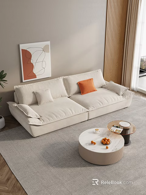 Beige Two Seater Sofa with Orange Cushion in Modern Living Room and Round Coffee Table 3d model 