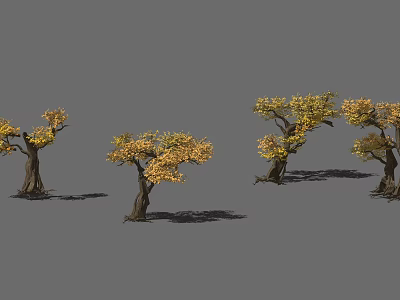 Yellow Leaf Shrubs with Thick Trunks Casting Shadows on Gray Background 3d model