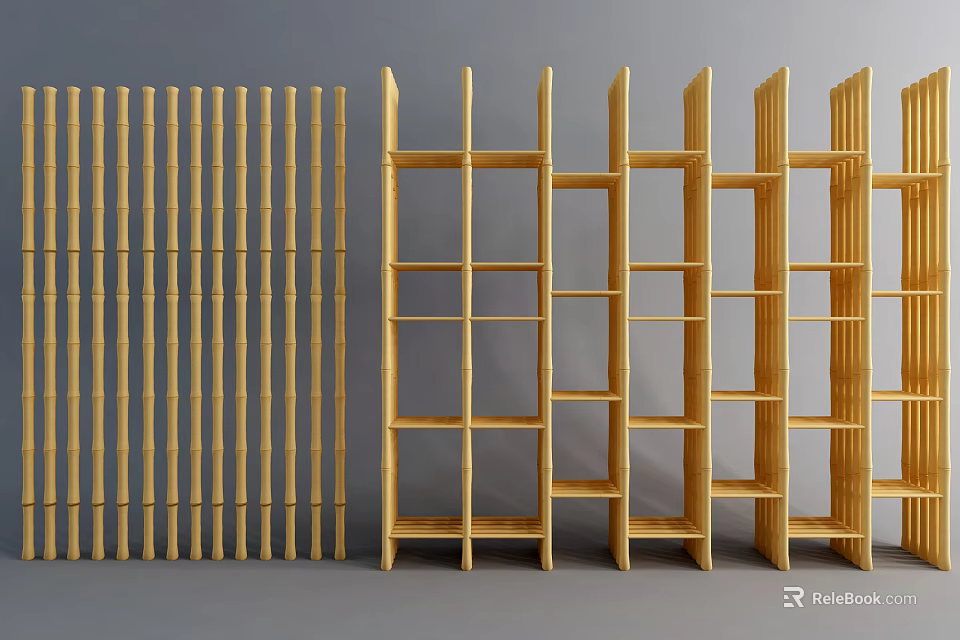 Wooden Room Dividers With Vertical Slat And Multi Compartment Shelf Designs 3d model 