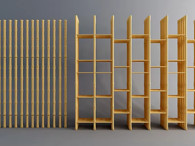 Wooden Room Dividers With Vertical Slat And Multi Compartment Shelf Designs 3d model