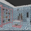 Fashion Boutique Interior With Blue Patterned Walls Pink Display Racks Bags And Glass Cases