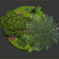 Lush Plants On Small Green Island With Leafy And Pine Trees Pink Flowers And Grass