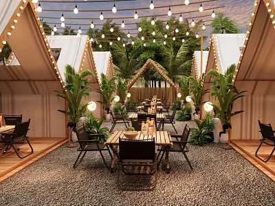 Outdoor Café With Tent like Structures String Lights Green Plants Wooden Tables on Gravel Floor 3d model