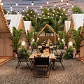 Outdoor Café With Tent like Structures String Lights Green Plants Wooden Tables on Gravel Floor