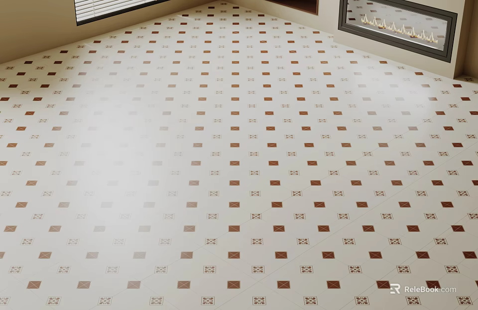 Stylish Decorative Tile Floor With White And Brown Geometric Square Patterns In Interior 3d model 