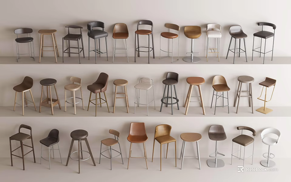 Various Stylish Bar Stools Arranged in Multiple Rows on White Background With Modern Designs 3d model 