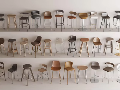 Various Stylish Bar Stools Arranged in Multiple Rows on White Background With Modern Designs 3d model
