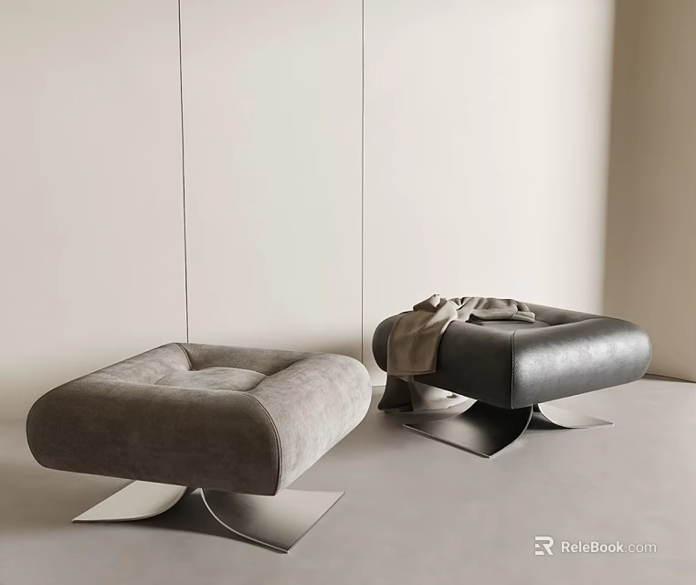 Modern Gray Fabric and Black Leather Ottomans with Metal Base and Blanket 3d model 