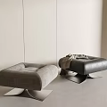 Modern Gray Fabric and Black Leather Ottomans with Metal Base and Blanket