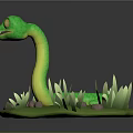 Green Cartoon Snake Character With Smiling Face In Grass And Stones