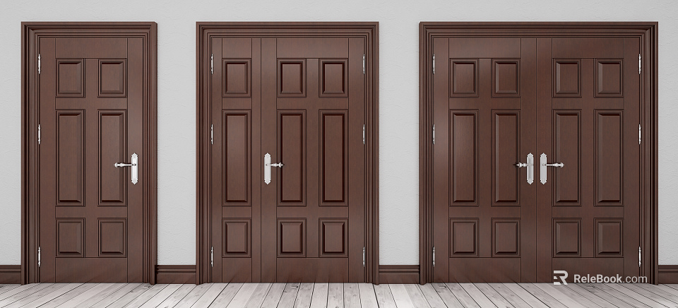 Brown Wooden Combination Doors With Classic Panel Design For Home Entrance 3d model 