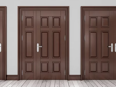 Brown Wooden Combination Doors With Classic Panel Design For Home Entrance 3d model