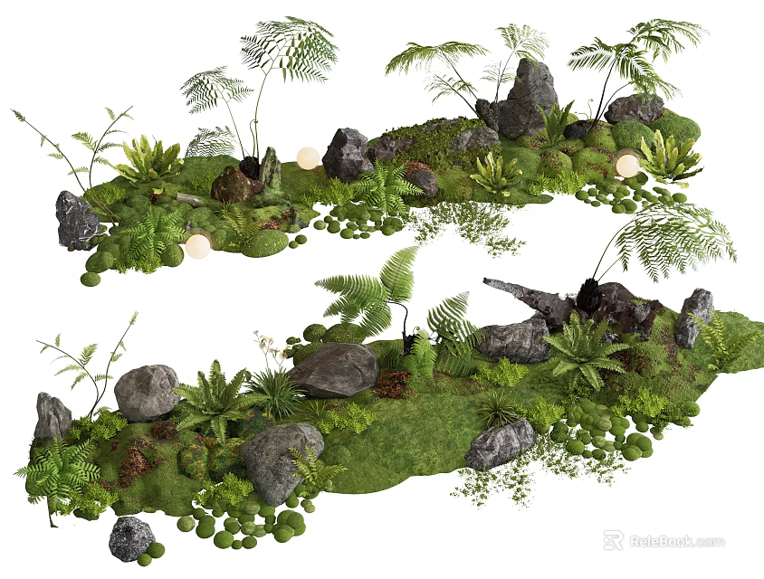 Natural Decorative Plant Combination With Ferns Moss Stones And Lush Green Grass 3d model 
