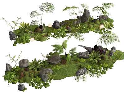 Natural Decorative Plant Combination With Ferns Moss Stones And Lush Green Grass 3d model