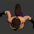 Woman in purple and yellow outfit with black gloves and boots walking pose