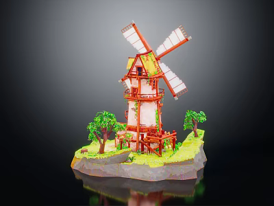 Miniature Red And White Windmill Model With Yellow Roof And Green Trees 3d model