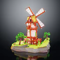 Miniature Red And White Windmill Model With Yellow Roof And Green Trees