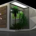 Exhibition Booth With Geometric Gray Design And Large Forest Backdrop Display Area