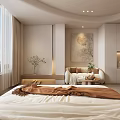 Minimalist Hotel Guest Room With Large Bed White Bedding Wooden Flooring And Soft Lighting