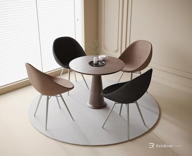 Round Wooden Table with Four Black Light Brown Chairs Metal Legs on Round Rug 3d model 