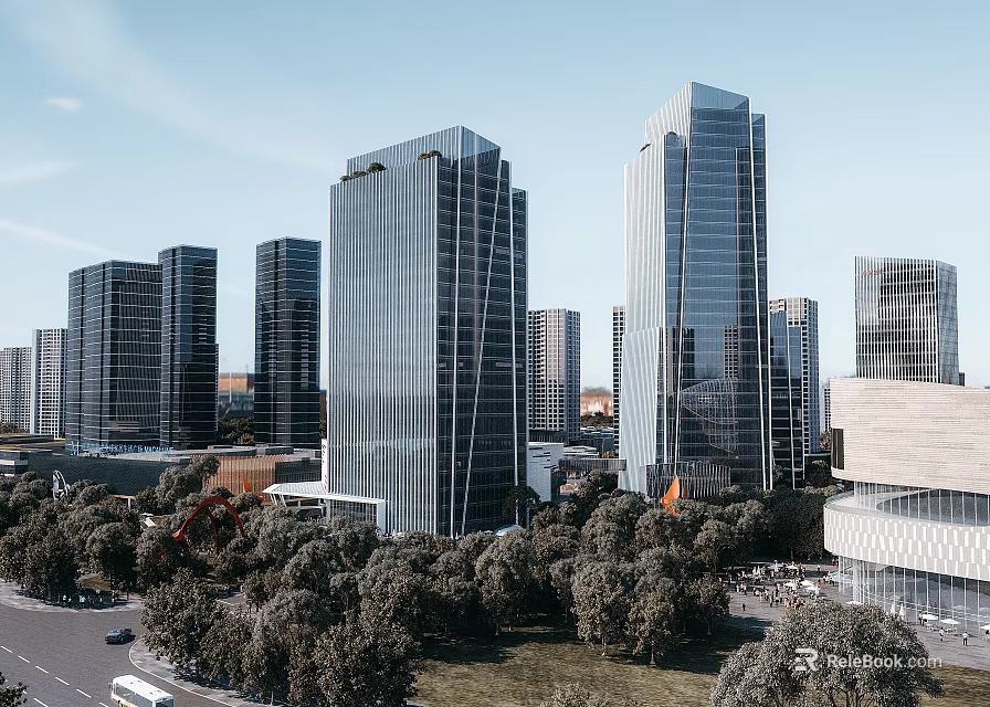 Modern High Rise Office Building Featuring Glass Curtain Walls Trees Road And Urban Landscape 3d model 